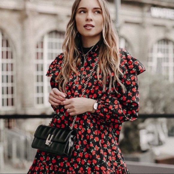 Zara poplin floral ruffle dress xsmall nwt black red - Picture 2 of 10